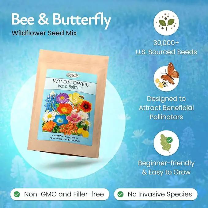 Created By Nature Bee & Butterfly Wildflower Seed Mix, 16 Varieties, 30,000 Seeds by GreenHaven Gardens