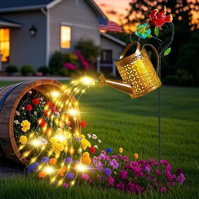 Solar Metal Watering Can with Cardinal Shepherd Hook and Cascading Lights - Outdoor Solar Lantern for Garden, Yard, Patio - Christmas Decor and Gardening Gifts for Women by GreenHaven Gardens