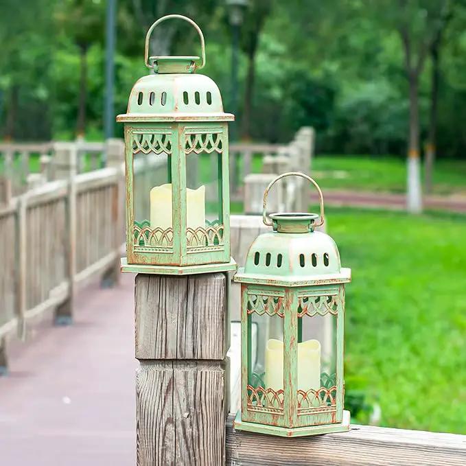 SteadyDoggie Solar Lanterns 2 Pack Green - Hanging Solar Lights with Flickering Candle LED - Retro Ornate Hanging Solar Lantern with Handle by GreenHaven Gardens