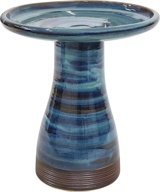 Sunnydaze 21" H Ceramic Bird Bath for Outside - Hand-Painted Outdoor Bird Bath Bowl, UV/Frost-Resistant Finish - Galaxy Blue - Ribbed Pedestal by GreenHaven Gardens