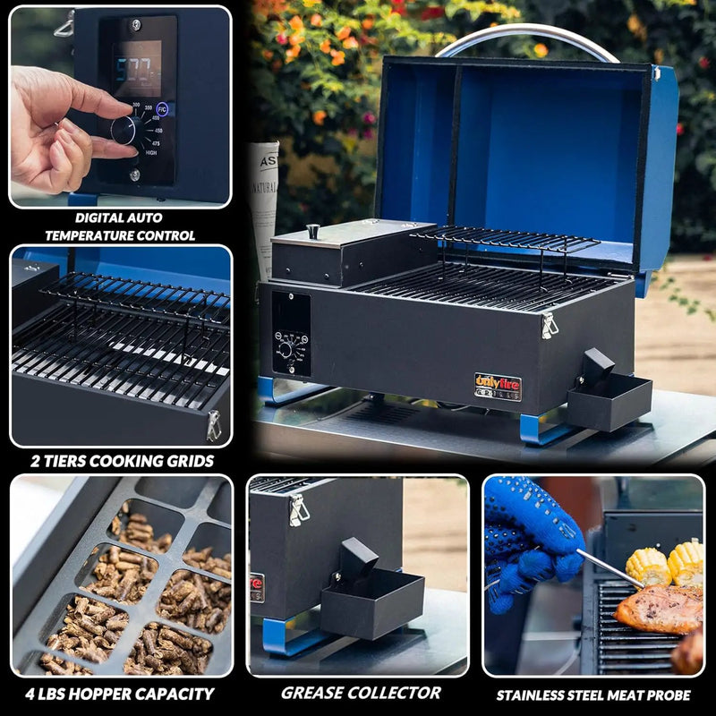 Onlyfire BBQ Wood Pellet Grill Smoker with Digital Control, LED Screen, Meat Probe & 2 Tiers Cooking Area, Portable Tabletop Grilling Stove for BBQ, Smoke, Bake and Roast, RV Camping, Blue by GreenHaven Gardens