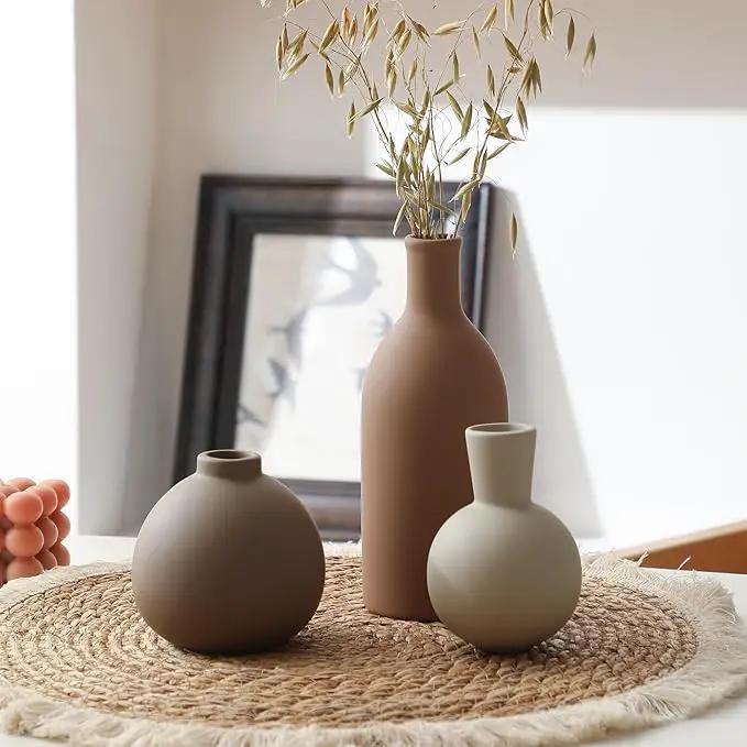 Ceramic Vase Set of 3, Vases Home Decor Rustic Farmhouse Decorative Vase Pottery Vases for Bouquet Pampas Grass Dried Fresh Flowers, Table Living Room Kitchen Bedroom Bathroom - Brown by GreenHaven Gardens