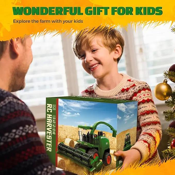 Remote Control Combine Harvester Tractor Toy, 1/24 Scale RC Harvester Toys for Kids with 2 Grian Heads/2 Rechargeable Batteries/Light, Farm Toys for 4 5 6 7 8 9 Year Old Boys Birthday Gift by GreenHaven Gardens