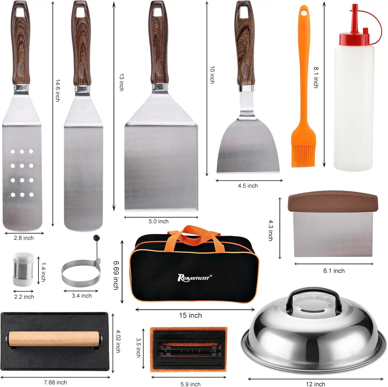 ROMANTICIST 19PCS Griddle Accessories Set - Flat Top Teppanyaki Spatula Set with Scraper, Basting Cover for Camp Chef- Home Cooking Griddle and Outdoor BBQ Gifts for Christmas by GreenHaven Gardens