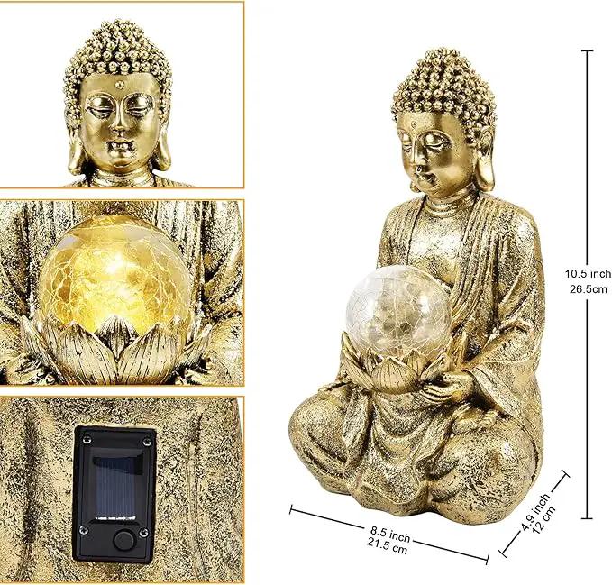 Nacome Meditating Buddha Statue with Solar Light,Zen Solar Garden Buddha with Cracked Glass Ball Sculpture-Indoor/Outdoor Decor for Balcony,Garden,Patio,Porch Yard Art Ornament,10.5 inch(Gold) by GreenHaven Gardens