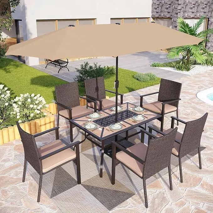 PHI VILLA Outdoor Dining Table for 6, Rectangular Metal Wrought Iron Table with Polywood Tabletop and Umbrella Hole, Large Heavy-Duty Furniture for Patio, Deck, Yard, Porch by GreenHaven Gardens