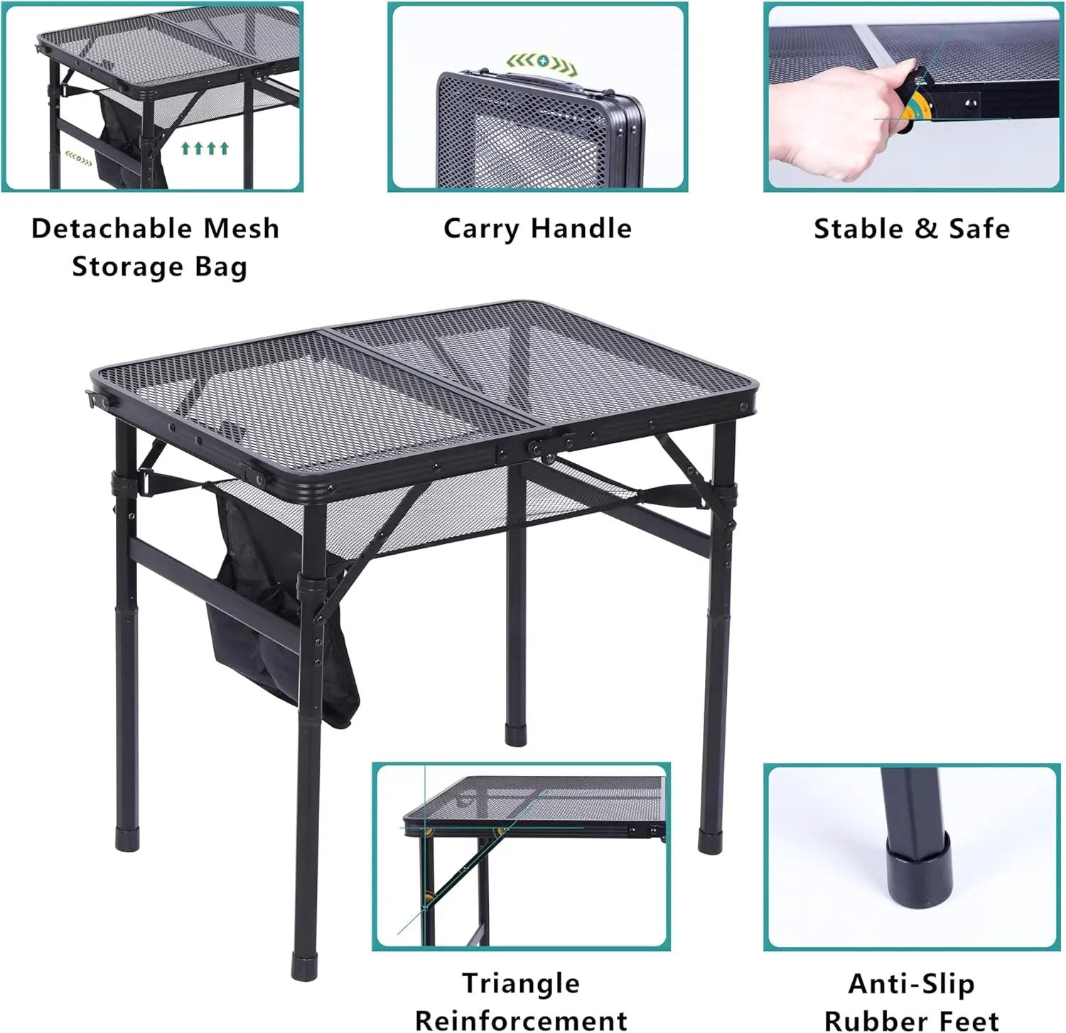 Nice C Table for Grill, Outdoor Table, Camping Table, Outdoor Cooking Table, Picnic Tables, Card Table Adjustable Height, Mesh Bag, Carry Handle (47.3” x 23.7“ x 14.7”/24.2“ Black) by GreenHaven Gardens