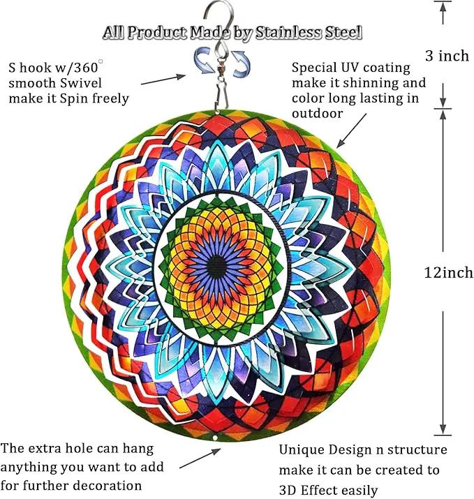 FONMY Wind Spinner Mandala Sun Flower 12 inches – 3D Stainless Steel – Laser Cut Metal Art Geometric Pattern - Hanging Wind Spinner, Kinetic Yard Art Decorations - Indoor/Outdoor Décor by GreenHaven Gardens