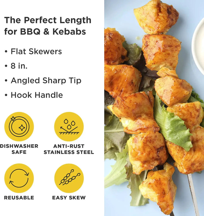 O-Yaki Flat Metal Kabob Skewer for Grilling – Set of 8 BBQ Skewers Stainless Steel with Storage Bag, Dishwasher Safe Skewers with Hook Handle & Sharp Tip for Outdoor BBQ, Cookouts & Oven Use – 8 Inch by GreenHaven Gardens