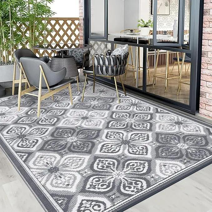 Pauwer Reversible Outdoor Rug, 6'x9', Waterproof, Polypropylene, Clover Grey, Area Rug for Patio, RV, Camping, Picnic, Backyard, Deck, Balcony, Porch by GreenHaven Gardens