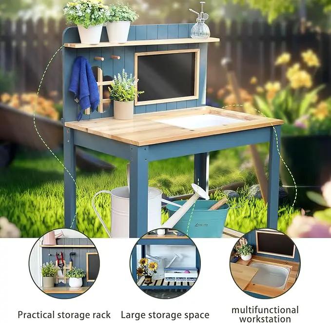 Kids Potting Bench Table Garden Workbench Outdoor Kids Garden Double-Layer Planting Table with Drawing Board Removable Sink,Wood Outdoor Play Kitchen for Toddlers,Backyard and Porch Blue by GreenHaven Gardens