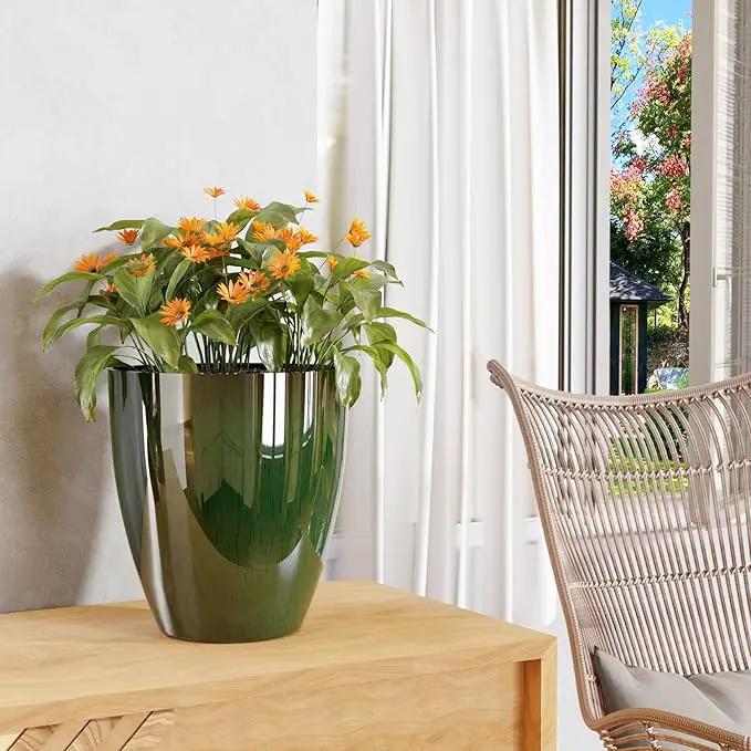 QCQHDU Plant Pots Set of 2 Pack,10 Inch Plant Pot for Indoor and Outdoor Plants with Drainage Hole,Flower Pots Modern Decorative Planter for Garden Plants (Green) by GreenHaven Gardens