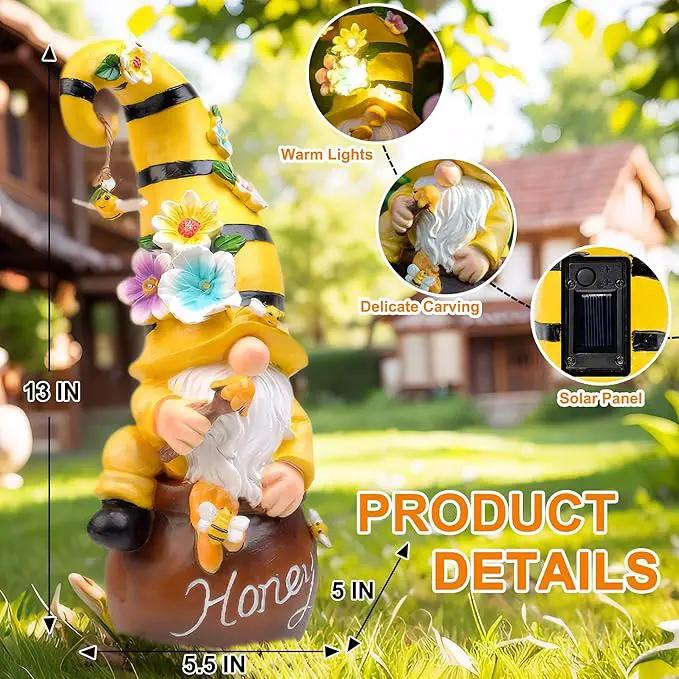 13" Garden Solar Spring Gnomes Statues Outdoor Spring Decor with LED Lighted Bee and Flowers Funny Garden Sculpture for Patio Yard Lawn Decorations Gifts by GreenHaven Gardens