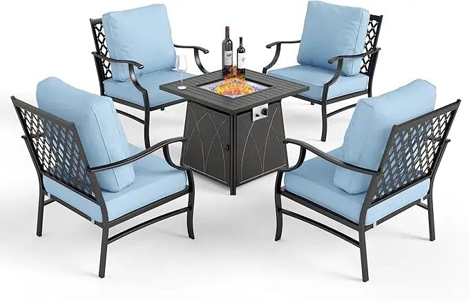 Patio Furniture Set with Fire Pit Table, 5 Pcs Metal Outdoor Conversation Set, 4 Single Chairs with 5.75" Extra Thick Cushion and 28" Fire Pit Table for Backyard Deck, Blue by GreenHaven Gardens