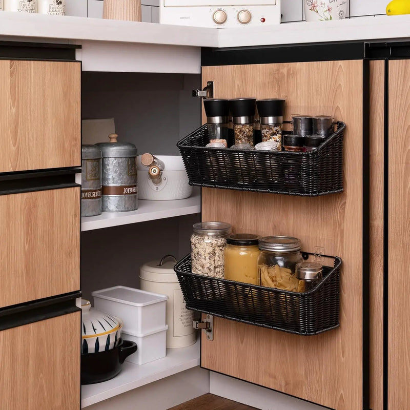 GRANNY SAYS Wicker Hanging Basket, 2 Pack Wall Basket for Kitchen, Fruit and Vegetable Storage Cabinet, Pantry Storage Spice Organization for Cabinet, Adhesive Shelf for Bathroom, Black by GreenHaven Gardens