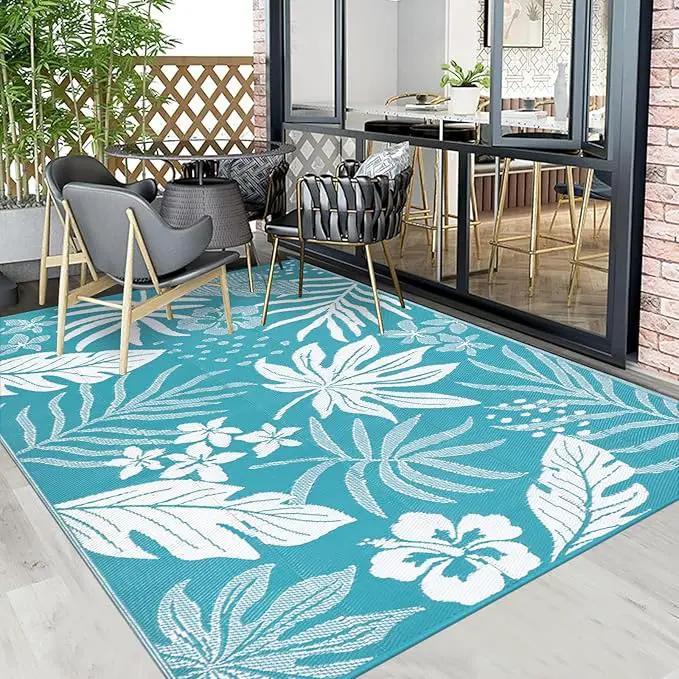 Pauwer Waterproof Outdoor Rug 5x8, Reversible Plastic Straw Patio Camping Rug, Indoor Outdoor RV Mat Carpet for Deck, Camper, Porch, Balcony, Backyard, Picnic, Floral Teal by GreenHaven Gardens