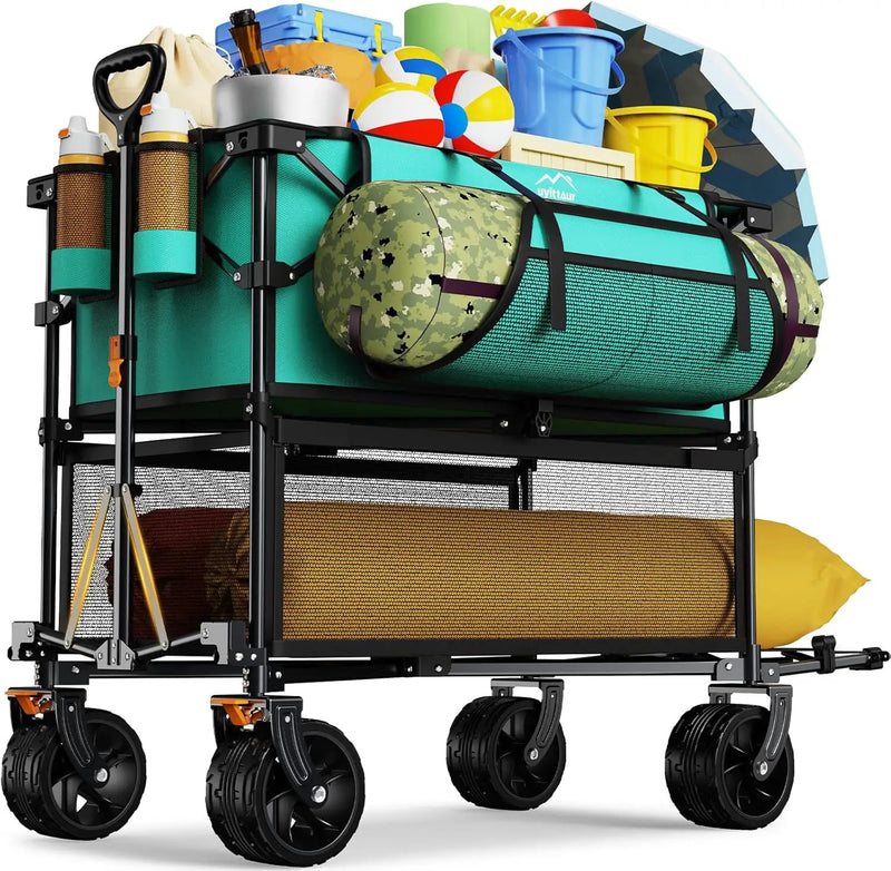 Foldable 50''L Extra Long Double Decker Wagon for Sport, 400L Collapsible Heavy Duty Wagon Cart with Big Wheels, Utility All-Terrain Large Extender Cart for Outdoors, Light Blue by GreenHaven Gardens