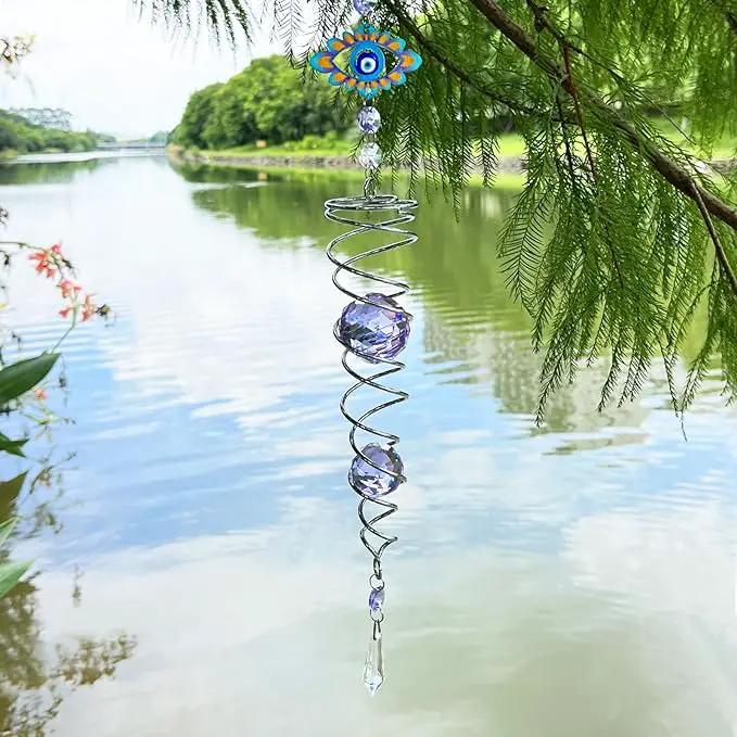 FONMY Evil Eye Gazing Ball Spiral Tail Wind Spinner Sun Catcher Rainbow Maker Silver Spiral W/Purple K9 Crystal Ball Christmas GifTree Hanging Ornament Indoor Outdoor Garden Decor. 19.5inch H by GreenHaven Gardens