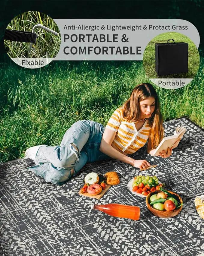 MontVoo Outdoor Rug 9x12 Waterproof-Patio Rug Outdoor Carpet Reversible RV Camping Picnic Plastic Straw Rug Outside Outdoor Area Rug for Balcony Deck Backyard Patio Decor Boho Modern Abstract Grey by GreenHaven Gardens