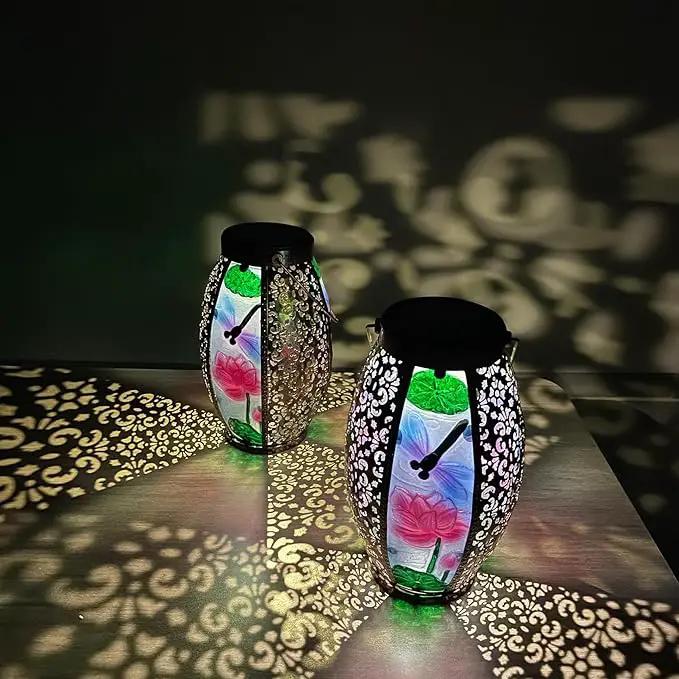 2PCS Dragonfly Solar Lanterns Glass & Metal Hanging Light Outdoor Waterproof 16" H Tabletop Lamp with Hollowed-Out Design with Shepherd's Hooks for Garden Patio Table Decor by GreenHaven Gardens