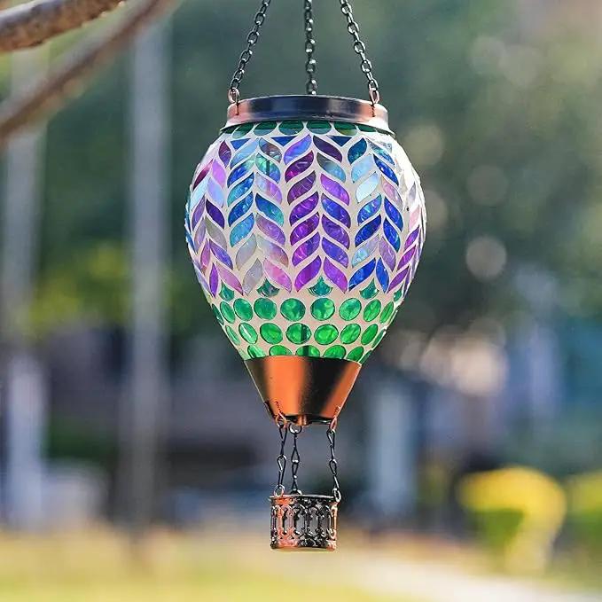 Mosaic Hot Air Balloon Solar Lanterns Outdoor Waterproof, Colorful Glass Solar Hanging Lantern Lights for Garden Patio Yard Gifts for Women Mom Grandma by GreenHaven Gardens