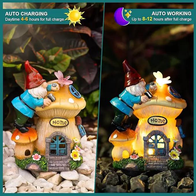 Garden Gnome Statues Figurine Lights - Solar Powered Lighting Outdoor Decorations, Gnome Build Mushroom House, Yard Art Lawn Ornaments for Porch Patio Balcony - Gnome Gifts for Women Mom by GreenHaven Gardens