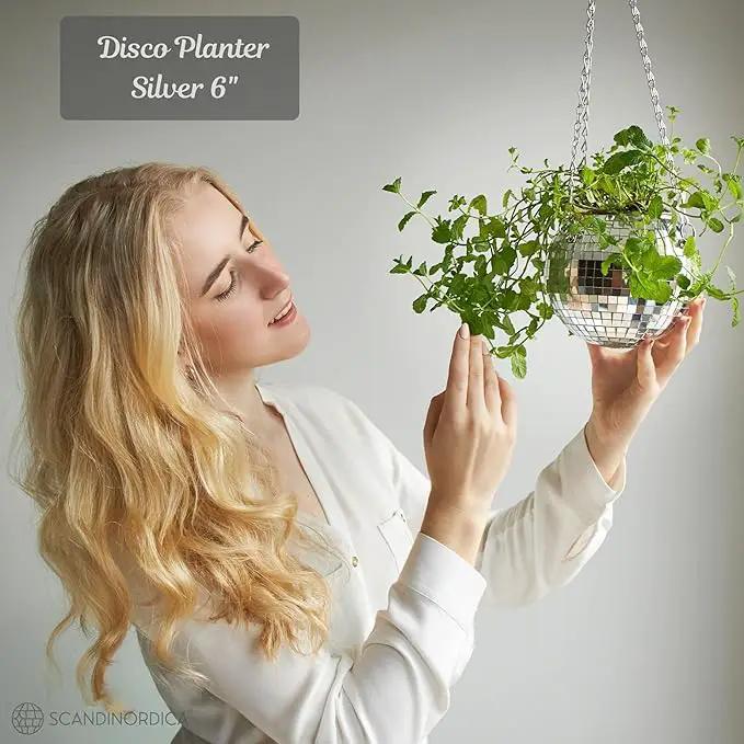 SCANDINORDICA Disco Ball Planter – Value Package: Mirror Disco Planter with Chain, Macrame Hanger and Acrylic Stand for Desk, Includes Self Watering Insert, Disco Ball Decor | 6 inch Silver by GreenHaven Gardens