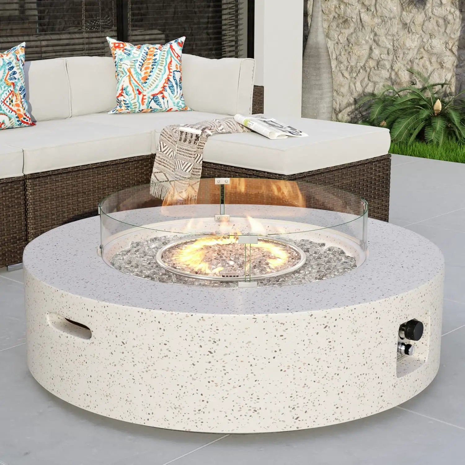 COSIEST Outdoor Propane Fire Pit Coffee Table w Terrazzo White 42 inch Round Base Patio Heater, CSA Certified, 50,000 BTU Stainless Steel Burner, Wind Guard, Transparent Gray Fire Glass, Rain Cover by GreenHaven Gardens
