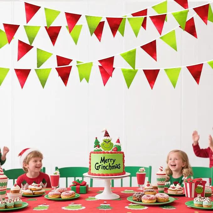 Red and Green Metallic Fabric Triangle Pennant Banner Flag Bunting Garland for Merry Grinchmas Birthday Baby Shower Bachelorette Xmas Holiday Christmas Holiday New Year Party Decorations Supplies by GreenHaven Gardens