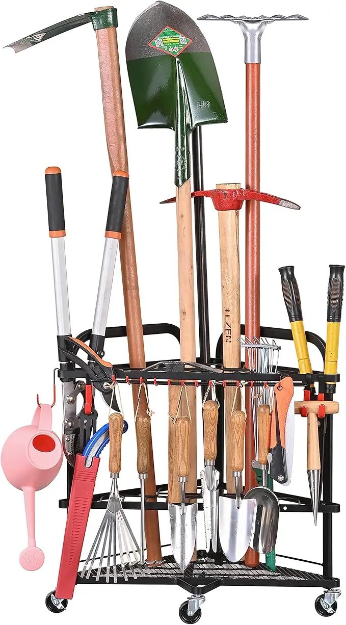 PLKOW Garden Tool Organizer with Wheels and Storage Hooks, Rolling Corner Tool Storage Rack for Garden, Shed, Garage, Powder Coated Steel, Black by GreenHaven Gardens
