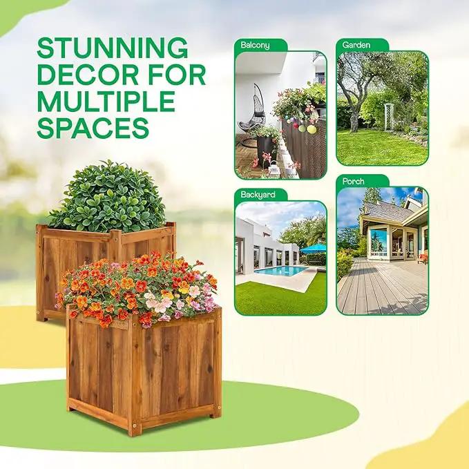 IDZO Set of 2 Acacia Wood Flower Planters for Outdoor Plants, Ergonomic Handles, Drainage Holes, Various Sizes, Ideal for Home Décor, Light Cherry by GreenHaven Gardens