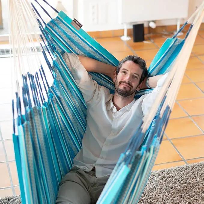 LA SIESTA® - Large Comfort Habana Cotton Hammock Chair & CasaMount - Hanging Chair w/Suspension Kit for Walls Ceilings & Square Beams - Indoor Outdoor Swing Hanging Chair Bedroom Balcony - Azure by GreenHaven Gardens