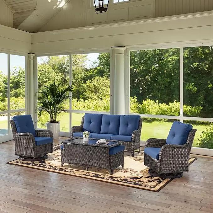Wicker Outdoor Furniture Patio Furniture Set - 6 Piece Patio Conversation Set with Swivel Rocker Chairs, Rattan Sofa, Ottomans and Coffee Table, Blue Cushion by GreenHaven Gardens