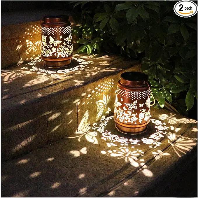 2 Pack Solar Butterfly Lanterns Outdoor Hanging Decor Lantern,Waterproof Hollow Out Retro Metal Decorative Garden Light,Graceful Decoration for Patio,Yard,Landscape,Festival by GreenHaven Gardens