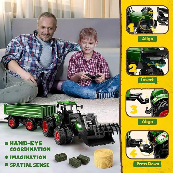 Remote Control Tractor Toy, Kids RC Tractor Set & Truck and Trailer Front Loader - Metal Car Head/8 Wheel/Light, Toddlers Farm Vehicle Toys for 3 4 5 6 7 8 9 Year Old Boys Girls Birthday Gift by GreenHaven Gardens
