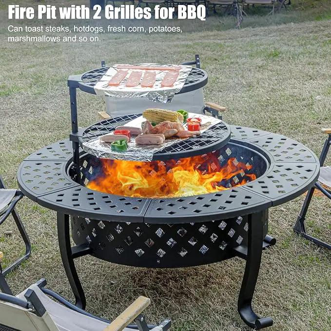 42 Inch Fire Pit with 2 BBQ Grills, Wood Burning Fire Pits for Outside with Lid & Fire Poker, BBQ& Outdoor Firepit & Round Metal Table 3 in 1 for Patio, Picnic, Party by GreenHaven Gardens
