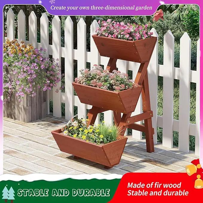 3-Tiers Wooden Raised Garden Bed,Wood Planter Box for Vegetable,Flower Rack,Flower Pot Stands,Indoor Outdoor Gardening Planting Beds (Brick red, Small) by GreenHaven Gardens
