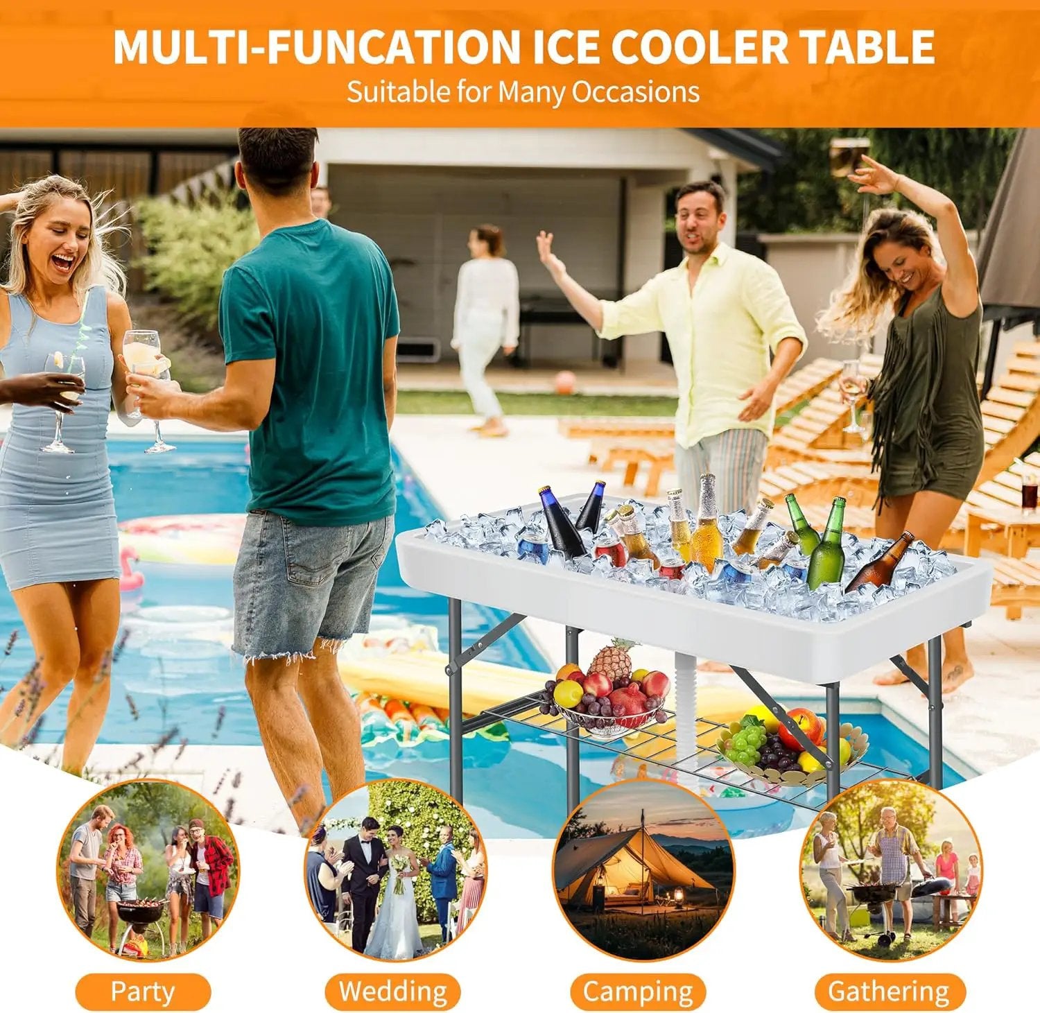 Portable Folding Ice Cooler Table - Outdoor Cooler 4 Foot Table with Removable Matching Skirt and Shelf, Ice Tables for Party, BBQ, Camping, Picnic, Foldable Self-Serving Beverage Cooling Bar(White) by GreenHaven Gardens