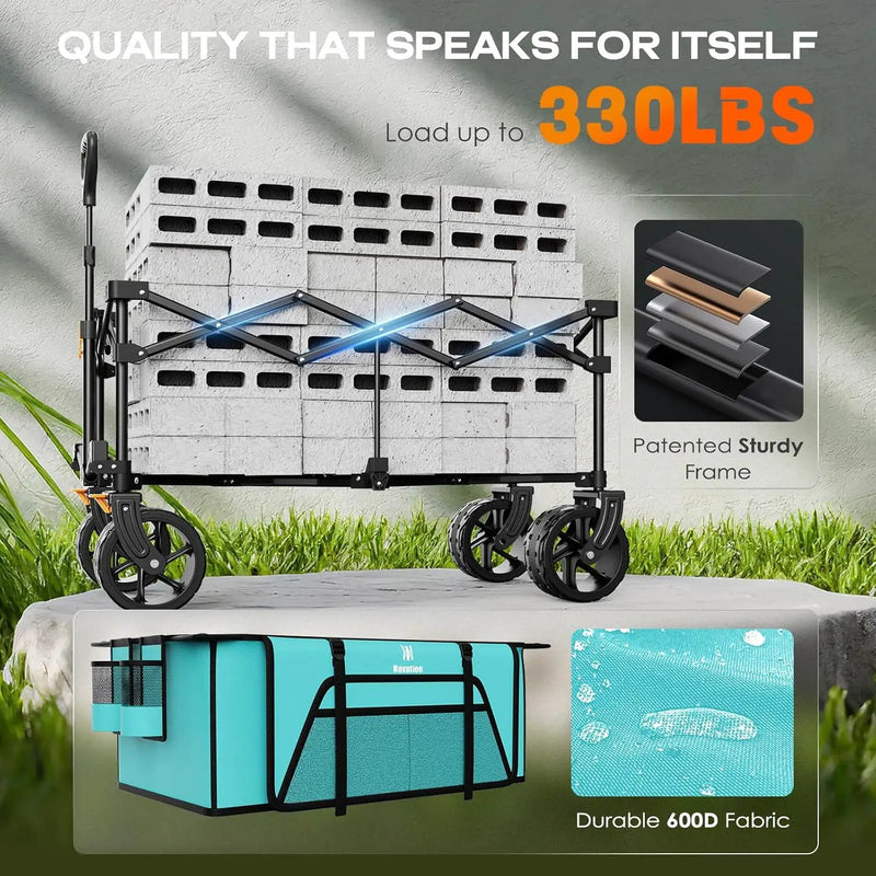Navatiee Big Wheels Collapsible Wagon Cart Foldable, Heavy Duty Beach Wagon with Silent All-Terrain Wheels, Folding Utility Grocery Cart with Side Pocket and Brakes for Camping Garden Sports, Blue by GreenHaven Gardens