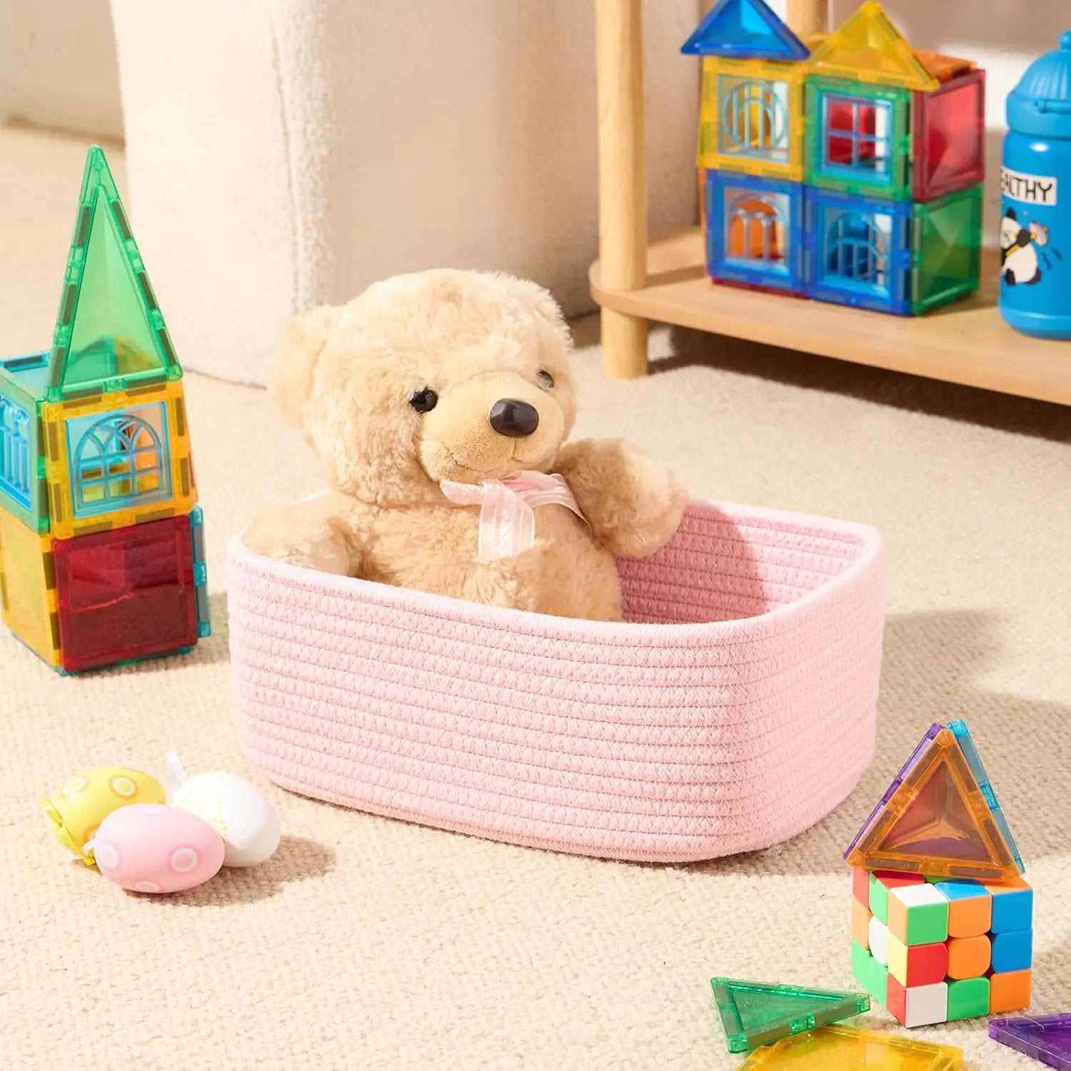 Small Storage Baskets for Organizing | Closet Organizer Bins | Shelf Toy Basket | Woven Rope Baskets | Cube Decorative Box | Shallow Basket | 11.5x7.5x4.7” | 4 Packs Light Pink by GreenHaven Gardens