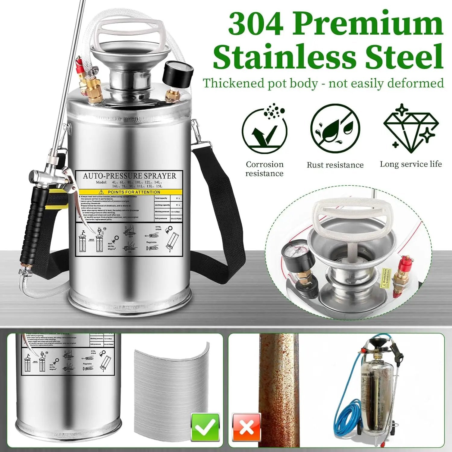 3.5 Gallon Stainless Steel Sprayer, Hand Metal Pump Up Sprayer Reinforced Hose with Pressure Gauge, Safety Valve & Adjustable Nozzle, Garden Weed Sprayers for Lawn, Gardening, Sanitizing by GreenHaven Gardens