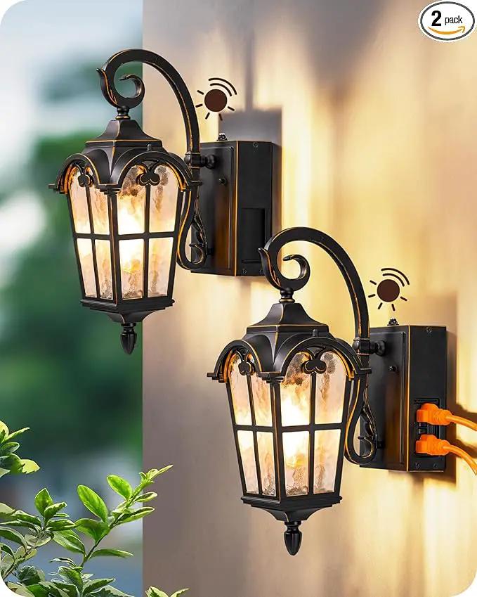EDISHINE 2 Pack Dusk to Dawn Outdoor Wall Lights, Porch Lights with GFCI Outlet, Retro Black Outdoor Wall Lantern, Waterproof Outside Exterior Light Fixture for Front Door, Patio, Garage, E26 Socket by GreenHaven Gardens