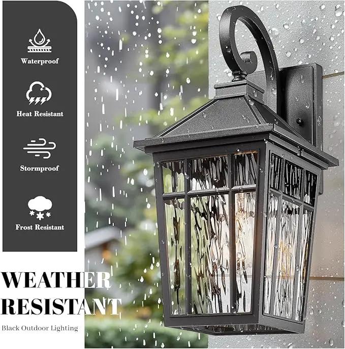 Outdoor Light Fixture 14 Inch Height Outside Wall Lights Black Finish and Water Ripple Glass Exterior Lights for House Garage Porch and Garden E26 Socket 2-Pack by GreenHaven Gardens