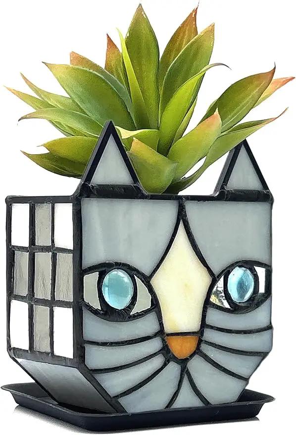 Gray Cat Glass Planter, Cat Plant Pots Indoor, Unique Small Gray Cat Planter, Glass Gap Automatic Drainage System and Base Saucer, Window Sill Cat Decoration Gift,4.6x5.15x2.3IN (Gray) by GreenHaven Gardens