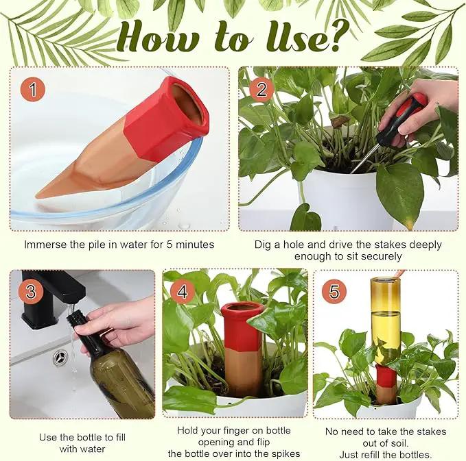 12 Set Plant Watering Devices Include Terracotta Self Watering Spikes and 26 oz Plastic Bottles, Slow Release Vacation Insert Automatic Plant Waterer Device (Green and Mixed Color) by GreenHaven Gardens