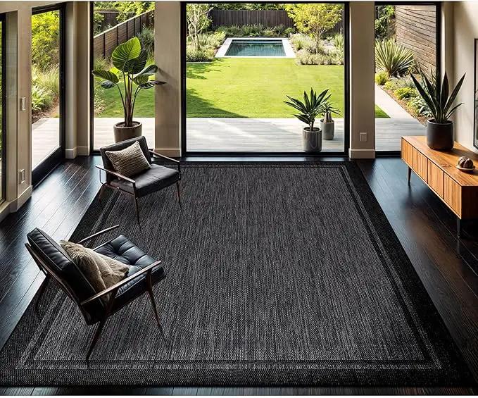 CAMILSON Indoor Outdoor Rug, 9x12 Bordered Dark Grey Black Modern Large Area Rugs for Indoor and Outdoor Patios, Kitchen and Hallway Mats, Washable Porch Deck Outside Carpet (Bordered Black, 9 x 12) by GreenHaven Gardens