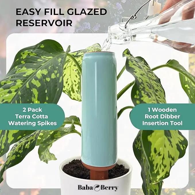 Terracotta Watering Spikes 2 Pack 17.5oz Capacity Plant Watering Devices Self Watering Spikes Large Plant Watering Globes Self Watering Planter Insert AcquaTerra with Root Dibber Installer by GreenHaven Gardens