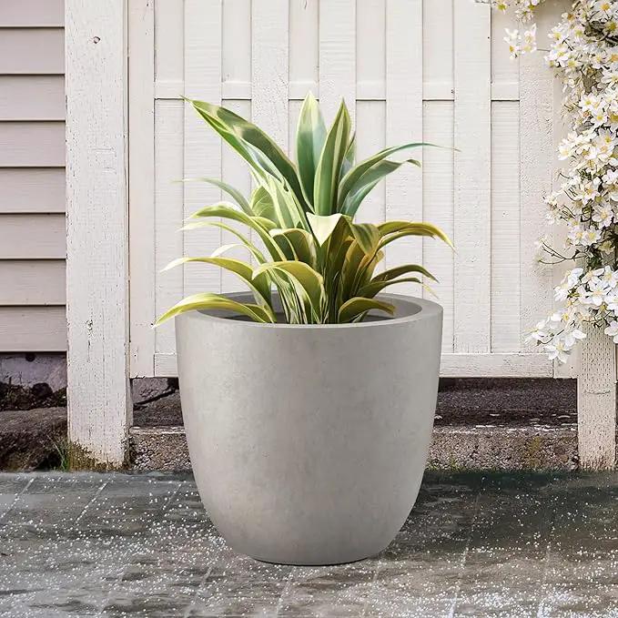 Kante 14 Inch Dia Round Concrete Planter, Indoor Outdoor Large Plant Pot with Drainage Hole and Rubber Plug for Home Patio Garden, Weathered Concrete by GreenHaven Gardens