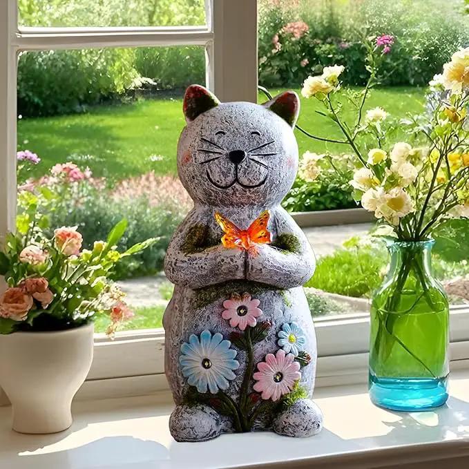 Solar Retro Cat Statue Outdoor - Resin Garden Outside Decorations with Butterfly for Patio,Balcony,Yard,Birthday Gardening Gifts for Women Mom by GreenHaven Gardens