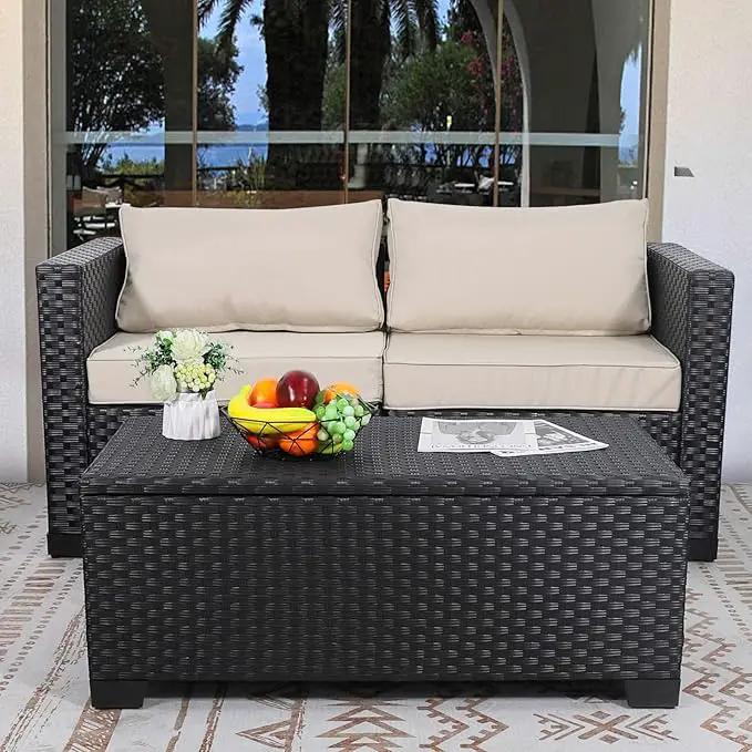 Rattaner Patio Coffee Table with Storage Wicker Outdoor Coffee Table and All-Weather Wicker Side Table with Waterproof Cover, Black by GreenHaven Gardens